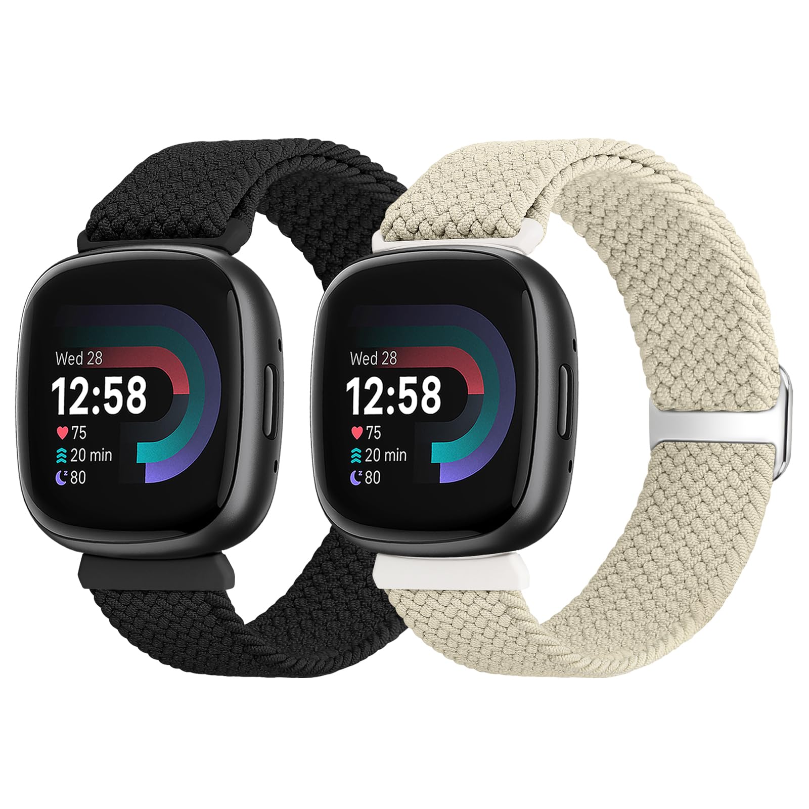 SHIJZWD Elastic Braided Strap Compatible w/ Fitbit Versa 4/Versa 3/Sense 2/Sense, 2 Pack Sport Nylon Band Adjustable Stretchy Replacement Wristband Fitbit Versa 3/Versa 4/Sense 2/Sense , Black+Beige