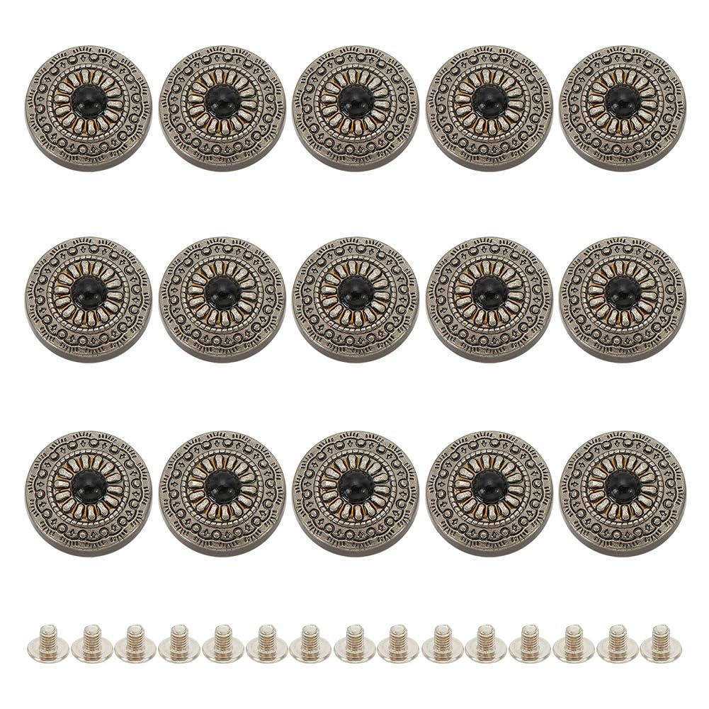 HOBBIESAY 15Pcs Screw Back Buttons 12mm Black Daisy Decorative Buckle Round Conchos Button Vintage Western Style Buttons for Purse Bag DIY Leather Craft Fabrics Accessories