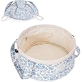 Narwey Lay Flat Open Drawstring Makeup Bag, Large Floral Cosmetic Bag for Women Girls, Cute Make up Bags with Handle, Travel Toiletry Bag for Skincare, Brushes & Travel Essentials (Blue Flower)