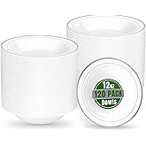 bUCLA 120 Pack Disposable Plastic Bowls 12oz - Elegant White & Silver Trim Party Bowls for Salad, Soup, Dessert - Heavy Duty Disposable for BBQ, Weddings and Christmas