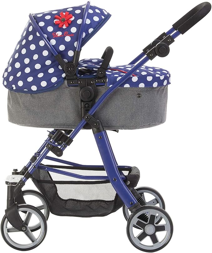 Recomendado para niños de 4 a 8 años. Carrito para muñecos 5 en 1 Silver Cross Pioneer tejido Limited Edition Blue Polka Dot Cochecitos