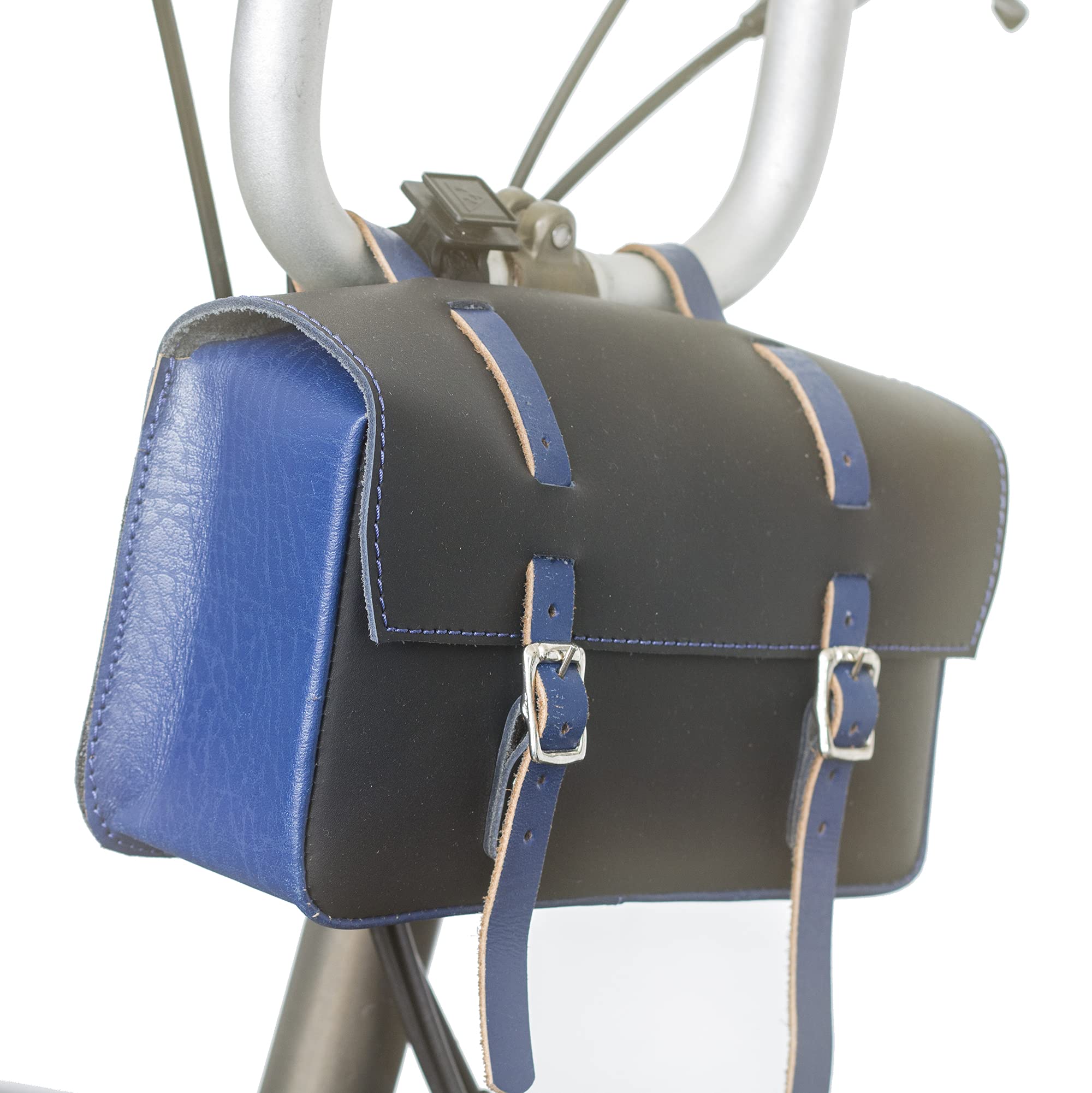London Craftwork Leather Handlebar Saddle Bag for Brompton in Black/Blue