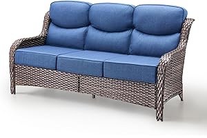 Bellefurn Luxury Patio Sofa 3-Seat Wicker Couch with 6" Thick Cushion - Outdoor Furniture Rattan Sofa with Deep Seating High Back Outdoor Sofa for Patio Garden Balcony Sunroom Backyard, Brown | Blue