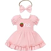 FYMNSI Strawberry 1st Birthday Outfit for Baby Girls Short Sleeve Smocked Ruffle Romper Dress Headband Toddler Summer Clothes
