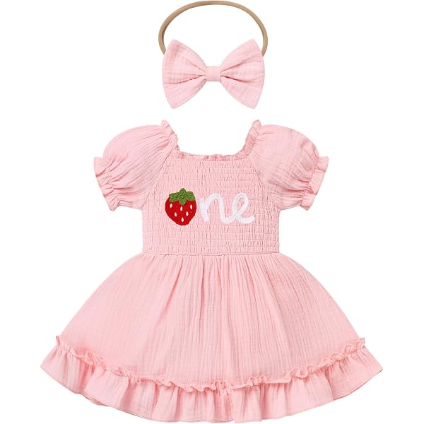 OBEEII First Birthday Outfit Girl, Ruffle Sleeve Crown/Strawberry-598255