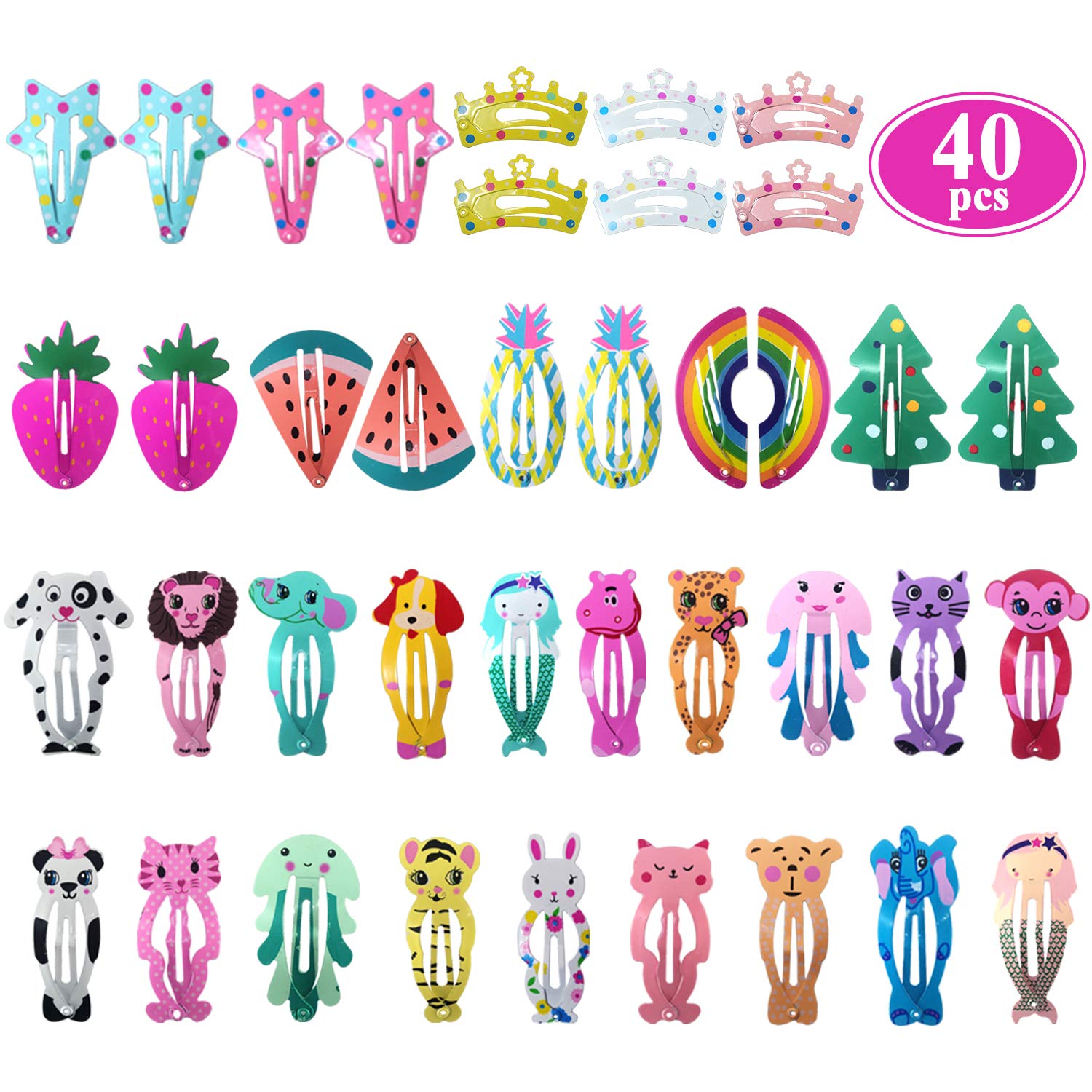 Hair Clips for Girls, Funtopia 100 Pcs No Slip Metal Snap Hair Clips Barrettes for Kids Teens Women, Cute Candy Color Cartoon Design Hair Pins (Animals Fruits Crowns Stars) : Beauty