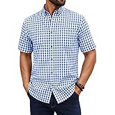 Runcati Mens Plaid Shirt Short Sleeve Button Down Linen Dress Shirt Wrinkle Free Casual Business Summer Work Shirts