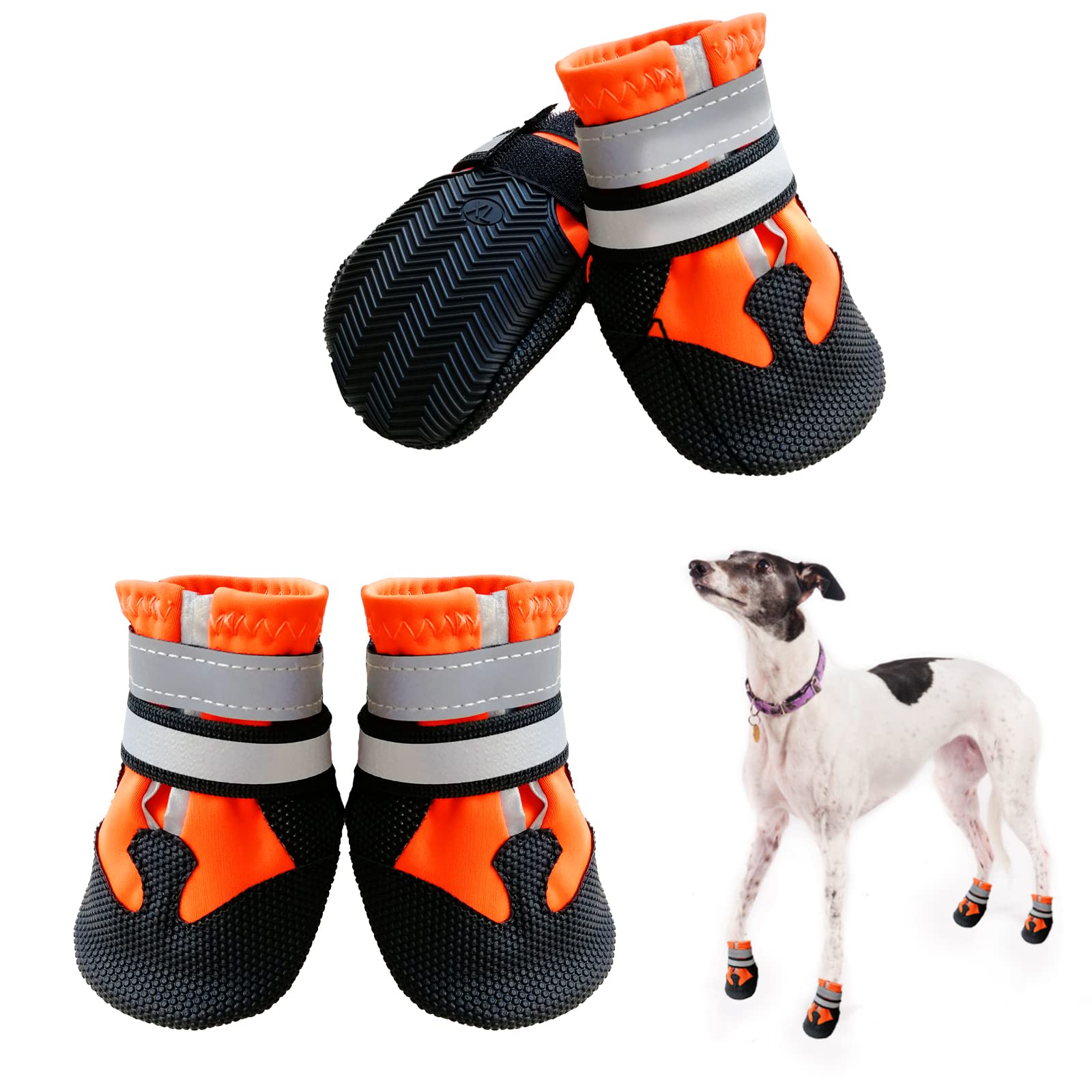 NeuWee Dog Shoes, Non-Slip Dog Paw Protectors, Set of 4 Waterproof Dog Boots with Adjustable Reflective Straps and Anti Slip Sole for Small Medium Large Dogs Outdoor (XXL, Orange)