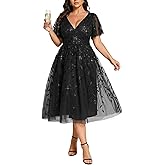 Ever-Pretty Women's Sequin Plus Size Cocktail Party Dress A-Line Midi Tulle Wedding Guest Dresses for Curvy Women