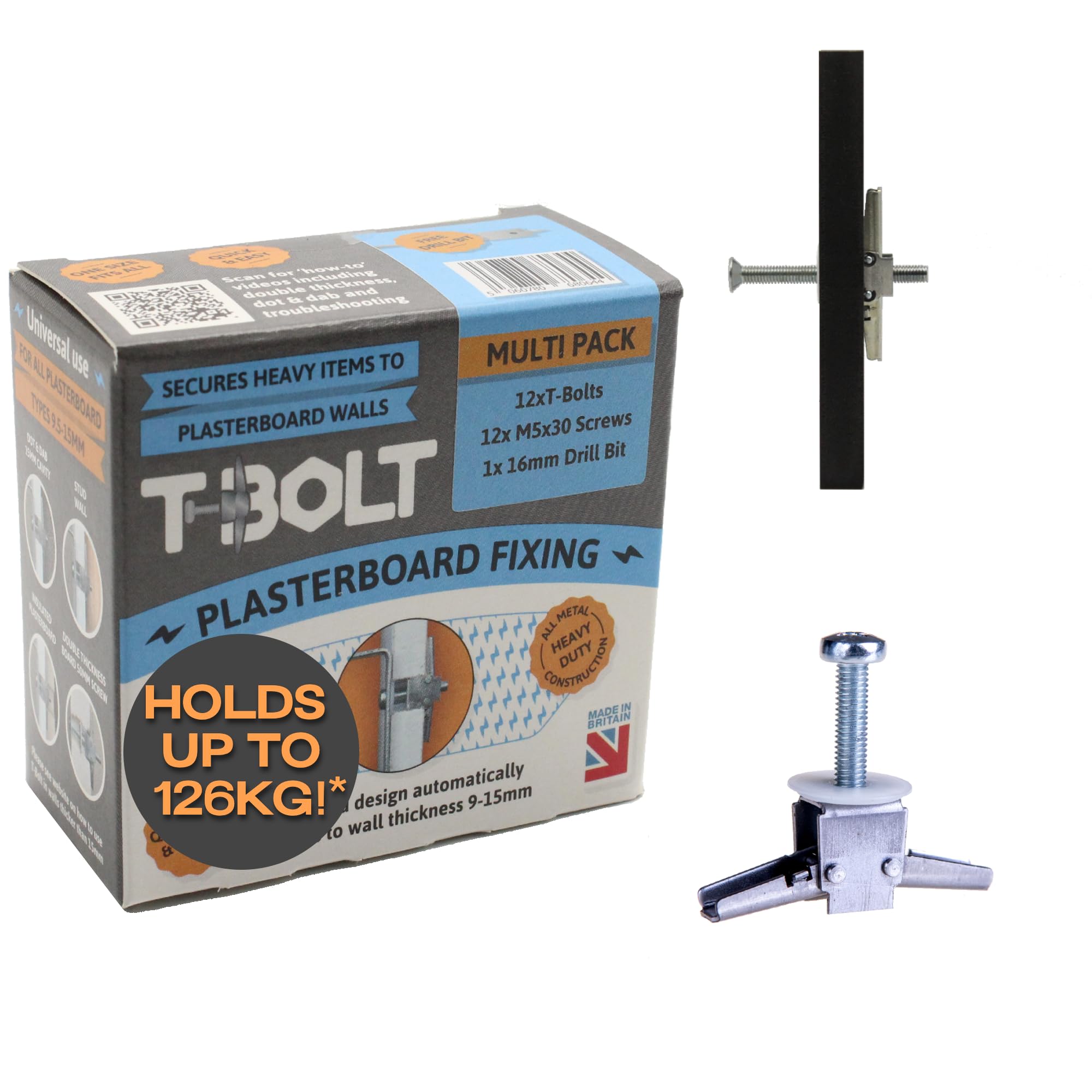 T-Bolt Heavy Duty Metal Plasterboard Fixing - Multi Pack of 12 - Holds up to 65kg per Fixing! [Plasterboard] [Drywall] [Cavity Wall] [Heavy Duty] [Drill] …