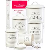 noonberry 5-Piece Farmhouse Kitchen Canister Sets for Kitchen Counter | Flour, sugar, coffee, tea; airtight kitchen canisters for countertop plus utensil holder; metal; gift-ready; cream white