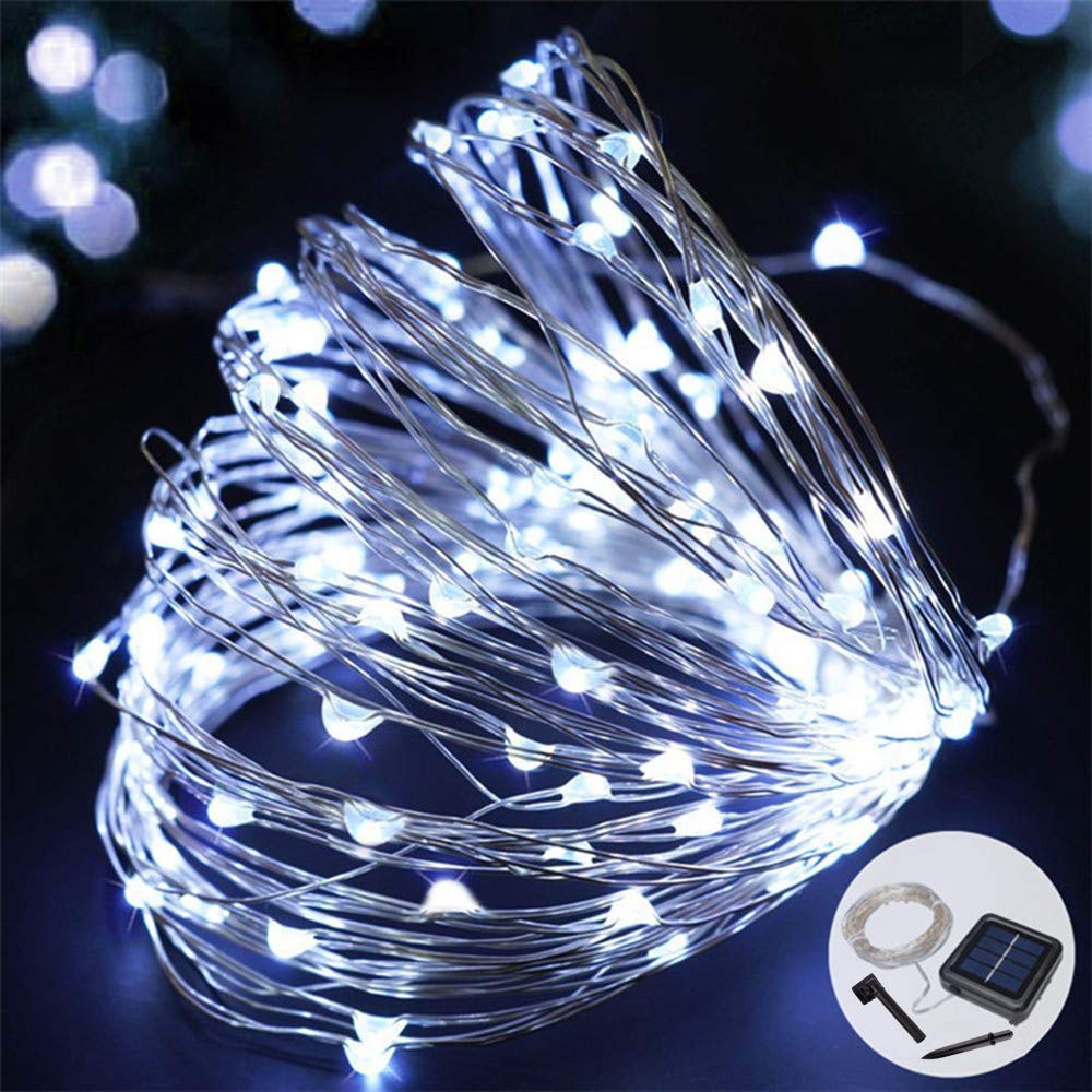 Sunboia Solar Copper Wire Lights Outdoor,100 LEDs Silver Wire Solar Fairy String Light Waterproof String Lights for Garden Christmas Halloween Party Decorations-White
