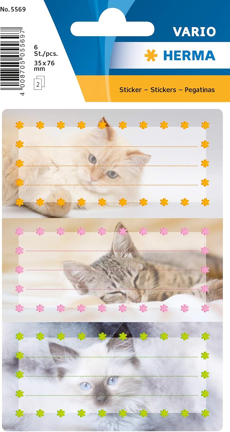 HERMA 5569 Book Labels for Labelling Cats (76 x 35 mm, 6 Name Stickers, Paper, Glitter), Self-Adhesive