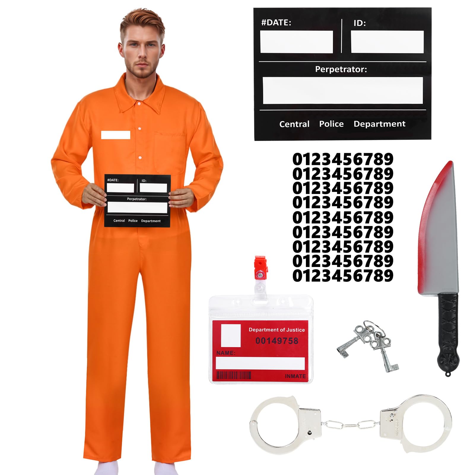 HarnyLoom Prisoner Costume Men Halloween Outfit, Orange Jumpsuit Adult Convict Jail Prison Fancy Dress Criminal Uniform Overalls Suit Inmate Carnival Cosplay Parties (Style 1, S)