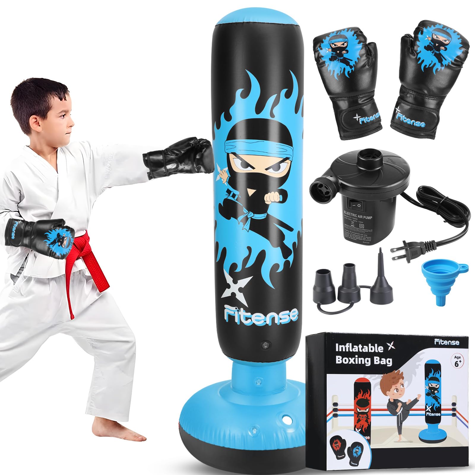 Photo 1 of Fitense Kids Punching Bag, 63 Inch Inflatable Punching Bag + Electric Air Pump + Boxing Gloves, Kids Boxing Bag for 6-12 Year Olds, Blue Ninja Karate Toy for Christmas Birthday