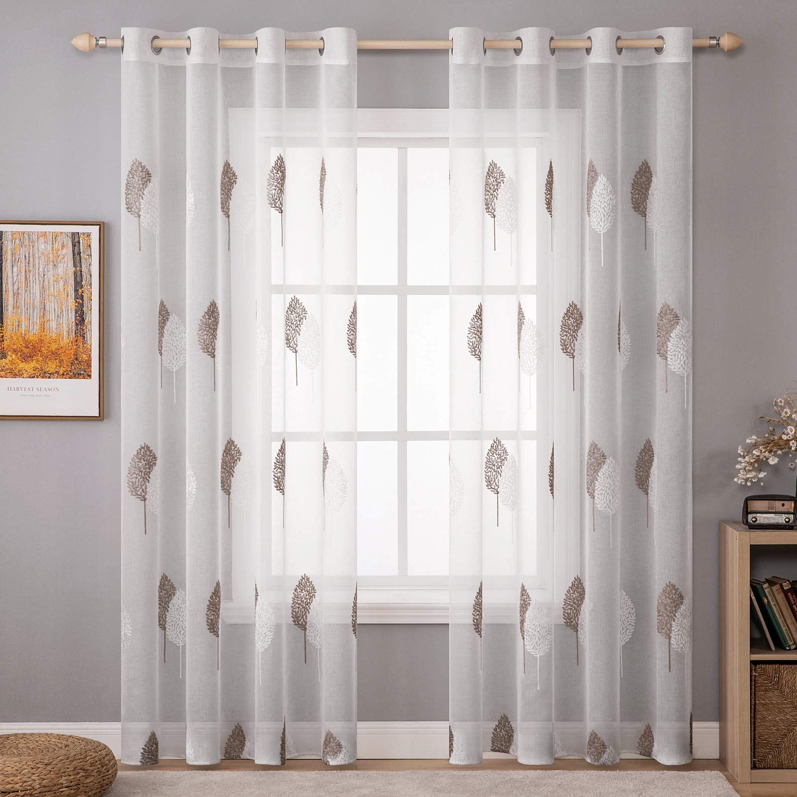MIULEE Leaves Embroidery Sheer Curtains Grommet Window Curtain Semi Voile Drapes Panels with Eyelets Window Treatments for Living Room Bedroom Big Leaves Coffee 2 Panels 55" W x 85" L