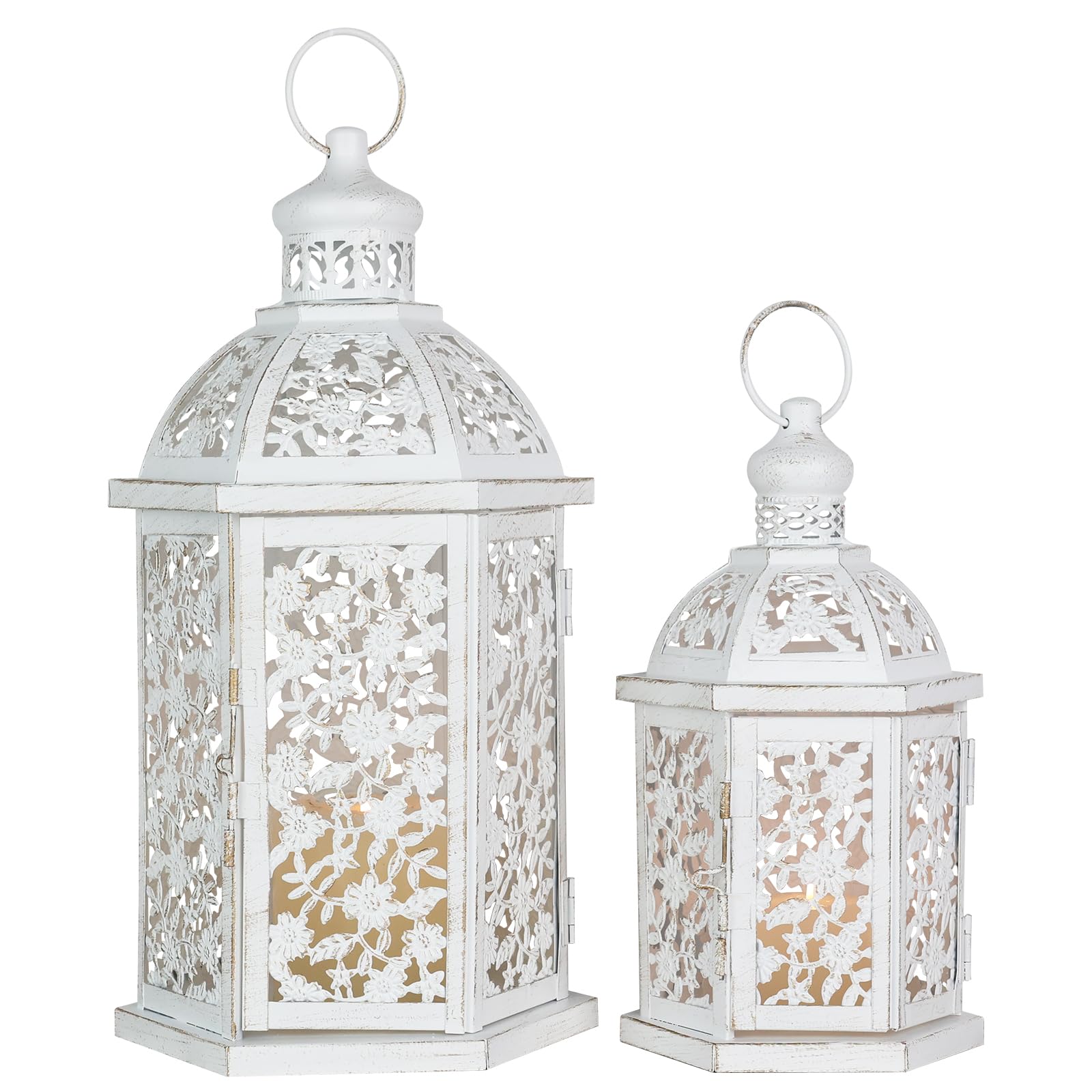 Photo 1 of Lanterns Decorative Outdoor&Indoor, Set of 2 (15"&7") White Metal Lantern Decor, Candle Holder for Porch, Patio, Christmas, Balcony, Wedding, Table Centerpiece