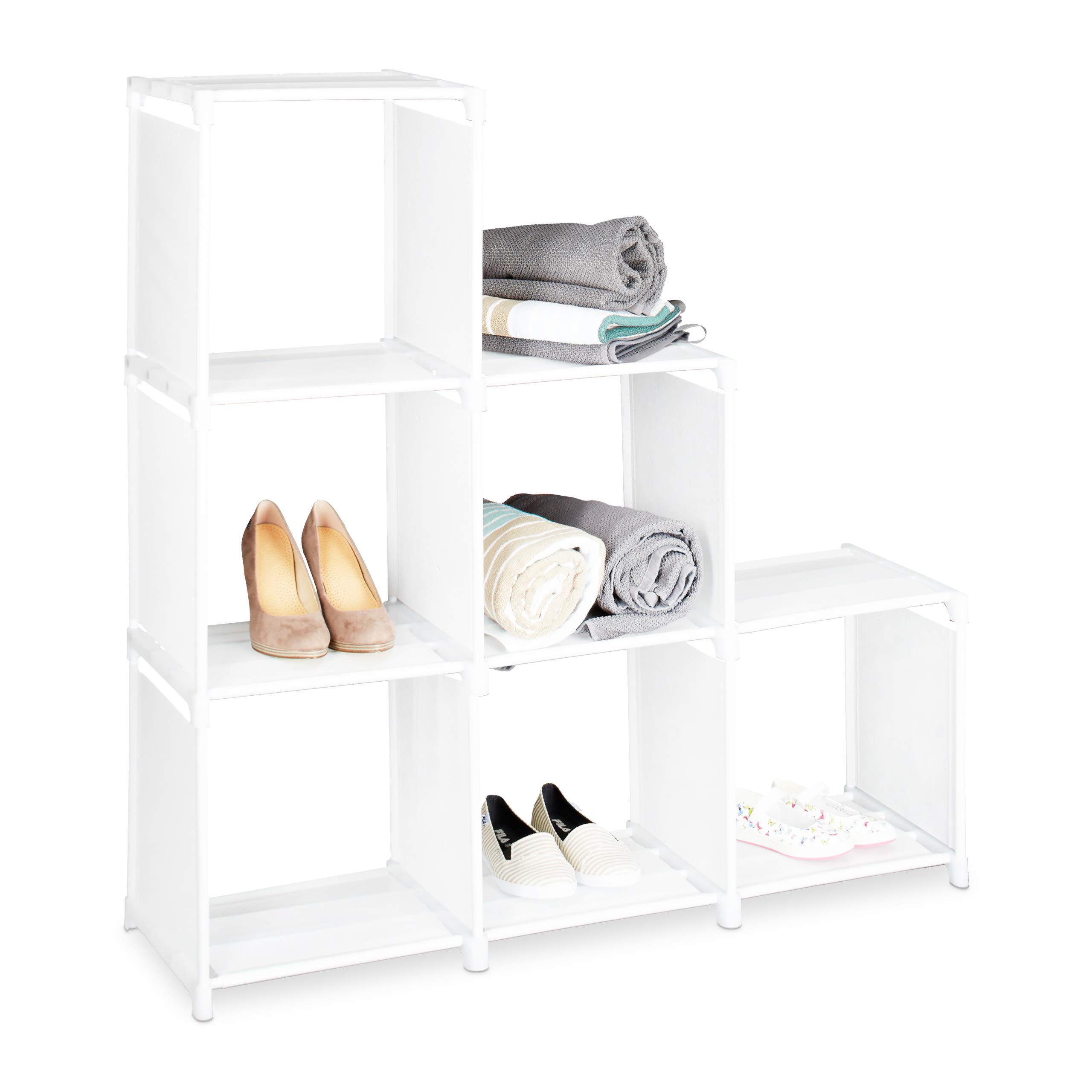 Relaxdays Step Shelf, with 6 Compartments, Simple Storage System, Room Divider, Sturdy, HxWxD: 109 x 106 x 30 cm, White