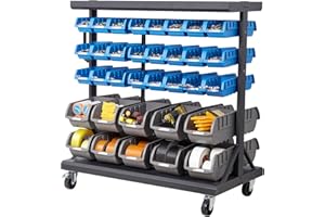 VEVOR 5-Tier Double-Sided Rolling Bin Storage Rack, 68 Plastic Bins, Dual-Sided Parts Organizer with Wheels, Mobile Tool Orga
