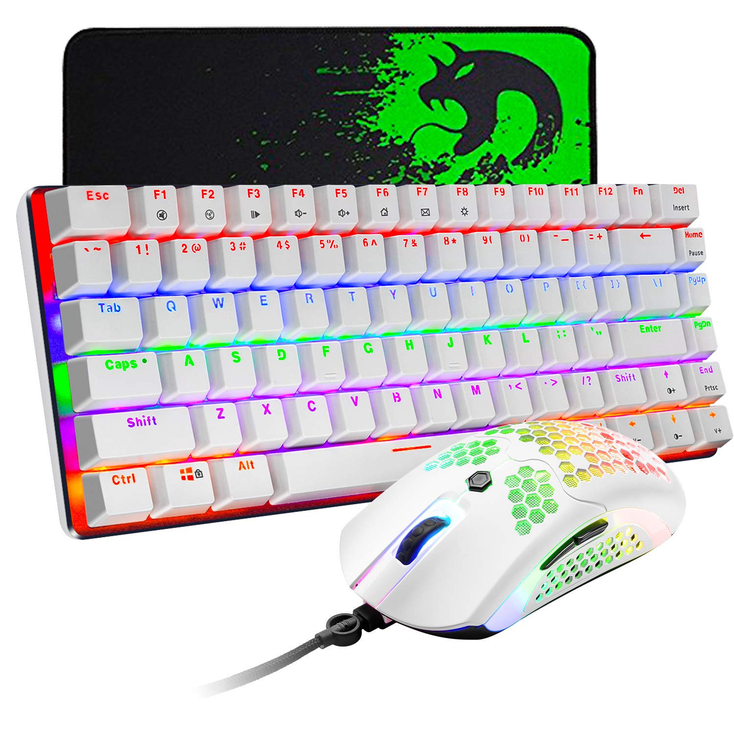 ZIYOU LANG80% Mechanical Gaming Keyboard and Mouse Mousepad,3 in 1 Gaming Set,Rainbow LED Backlit,RGB 12000 DPI Lightweight Gaming Mouse with Honeycomb Shell,Large Mouse Pad for PC Gamer(White)