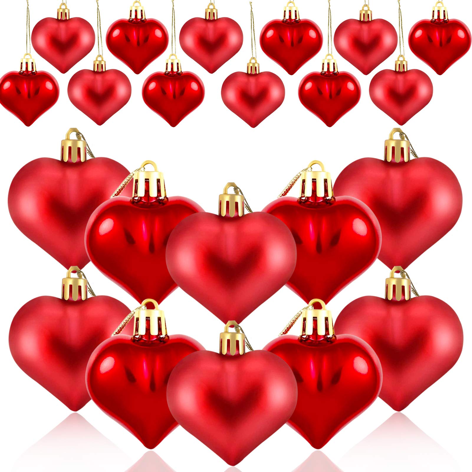 HOWAF 24 Pieces Valentine's Day Heart Baubles Ornaments Christmas Tree Baubles Heart Shaped Decoration Baubles for Valentine's Day Decoration, Glossy, Red
