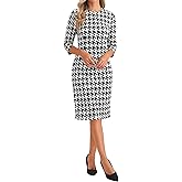 Allegra K Houndstooth Dress for Women Plaid 3/4 Sleeve Crew Neck Back Slit Keen Length Business Casual Elegant Sheath Dresses