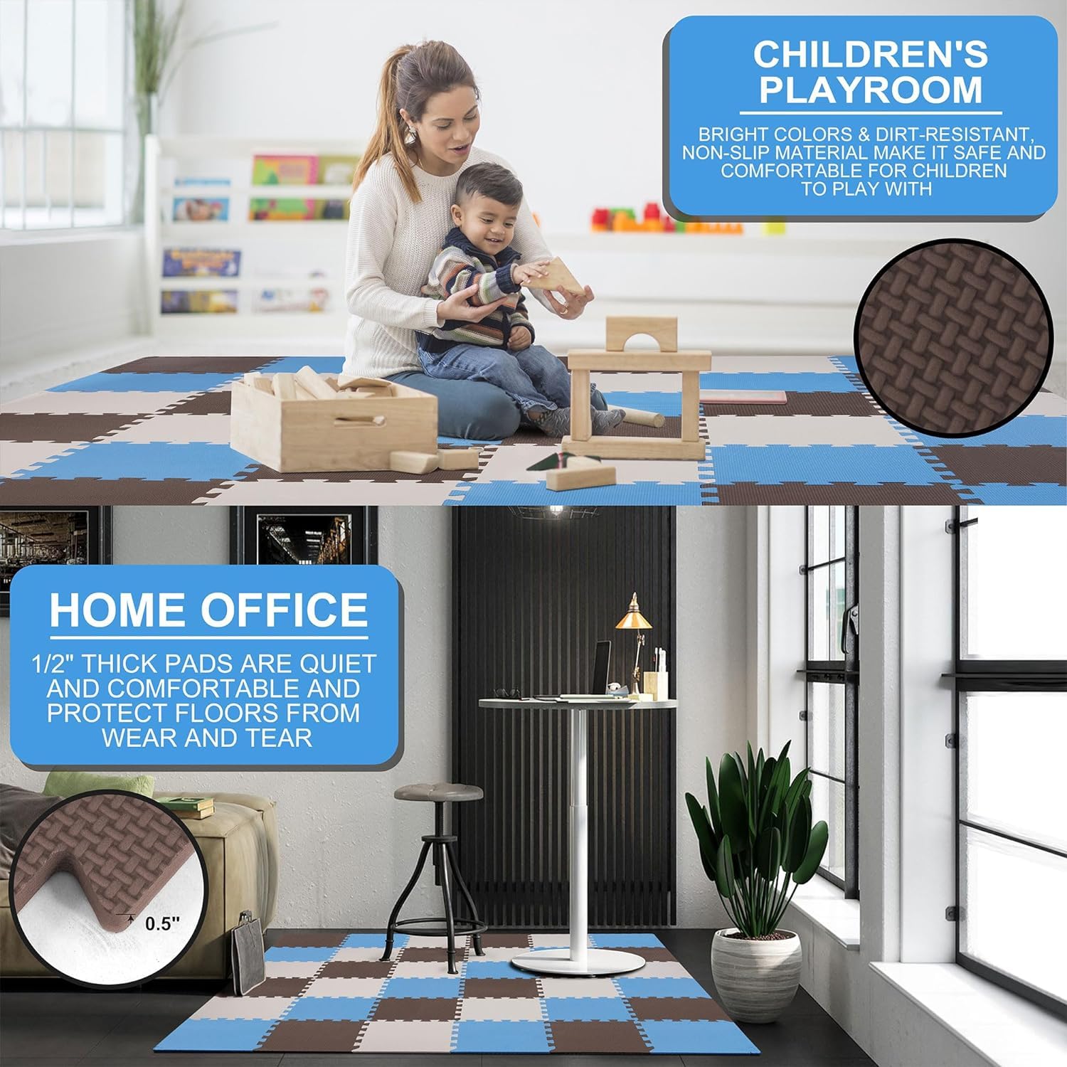 BalanceFrom Puzzle Play Mat, 36-Pc Interlocking Foam Floor Tiles, Blue/Brown/Beige - Playroom Tile Flooring Mats for Indoor and Outdoor Playpen and Playground