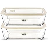 Urban Green Glass Food Container Set with Glass Lid, Large Meal Prep Container Set, Airtight Food Storage Containers with Air Vent Lid, 2 Pack, Large, 87oz, LeakProof, 100% Plastic Free, White color,