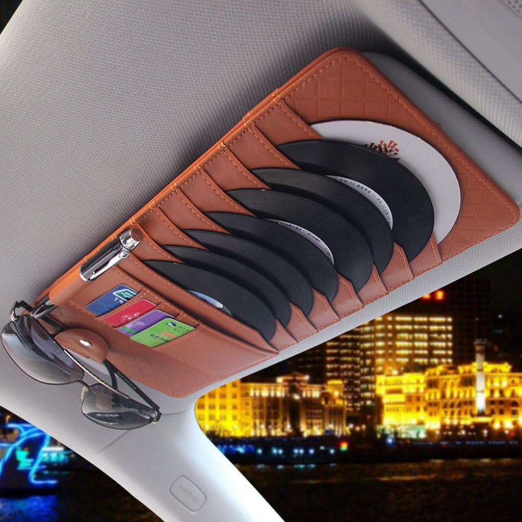 Careynoce Multi Function Car Sun Visor Storage bag, CD DVD Glasses Card Pen Wallet Storage Holder Clip Bag - Mature Brown