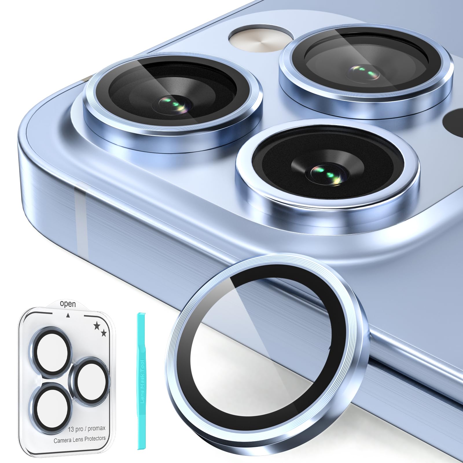 imluckies Camera Lens Protector Compatible with iPhone 13 Pro / 13 Pro Max, Premium Tempered Glass Circle Film, Aluminum Alloy Full Fit Lens Ring Cover, [Anti-Scratch] Sierra Blue (3 Pack)
