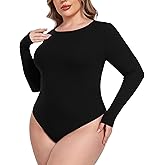 COOTRY Plus Size Crew Neck Bodysuits for Women Long Sleeve Body Suit Basic Slim Fit Bodysuit Leotard Tops