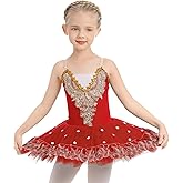 AFAVOM Ballet Leotards for Girls with Platter Tutu Professional Hard Organdy Camisole Skirt Swan Lake Feather Hem Dancewear
