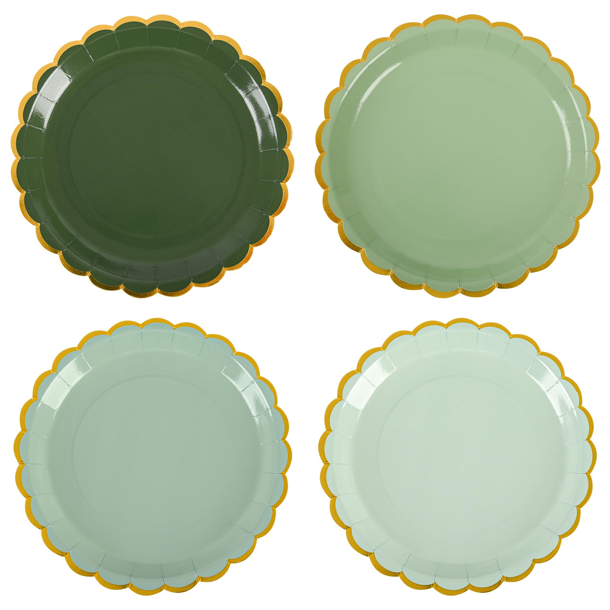 Photo 1 of AimFun Pink Scalloped Party Plates Gold Foil Border Paper Plates Disposable 9inch Gradient Serving Plates for Birthday Wedding Bridal Baby Shower Party Supplies (48, Sage Green)