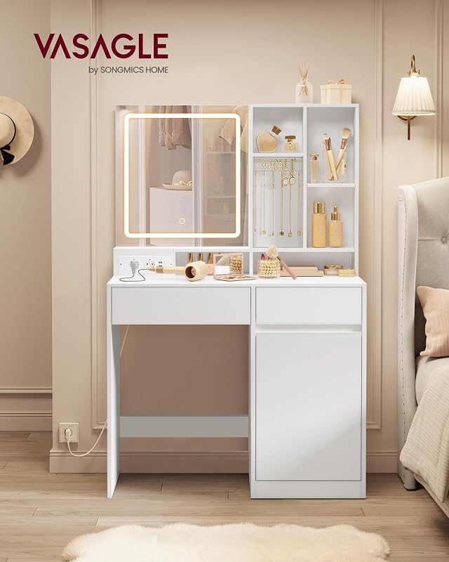 Kailyn Collection - Coiffeuse avec Miroir LED, Éclairage 3 Couleurs Réglable, Table de Maquillage, Largeur 90 cm, Tiroir, Multiprise, Rangement, Chambre, Style Moderne, Blanc Nuage RDT134WB01