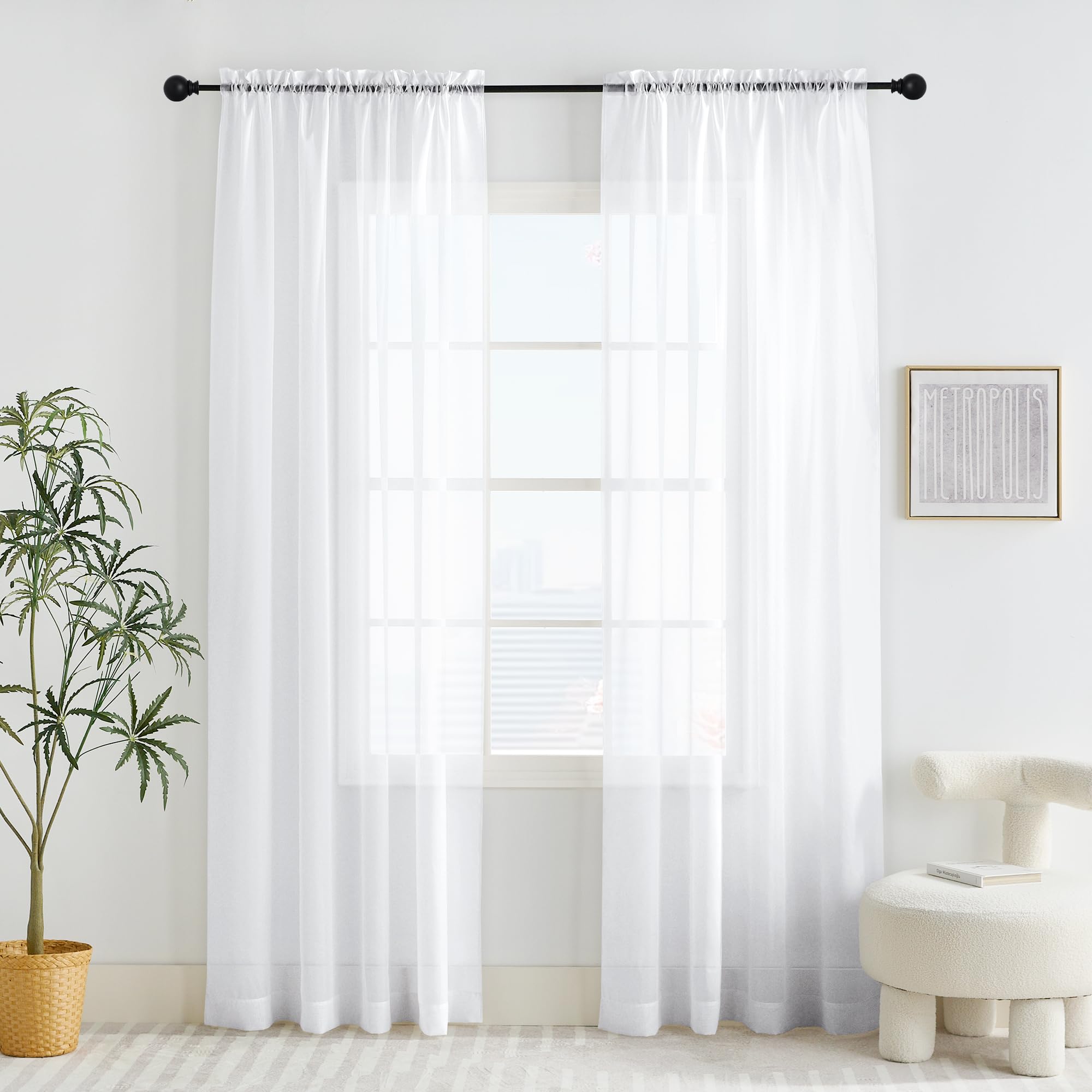 PONY DANCE White Net Curtains for Windows 84 Drop - Slot Top Semi Transparent Sheer Curtains, White Lightweight Voile Panels for Bedroom/Living Room/Nursery, Set of 2, 60 Inch Wide — image 1