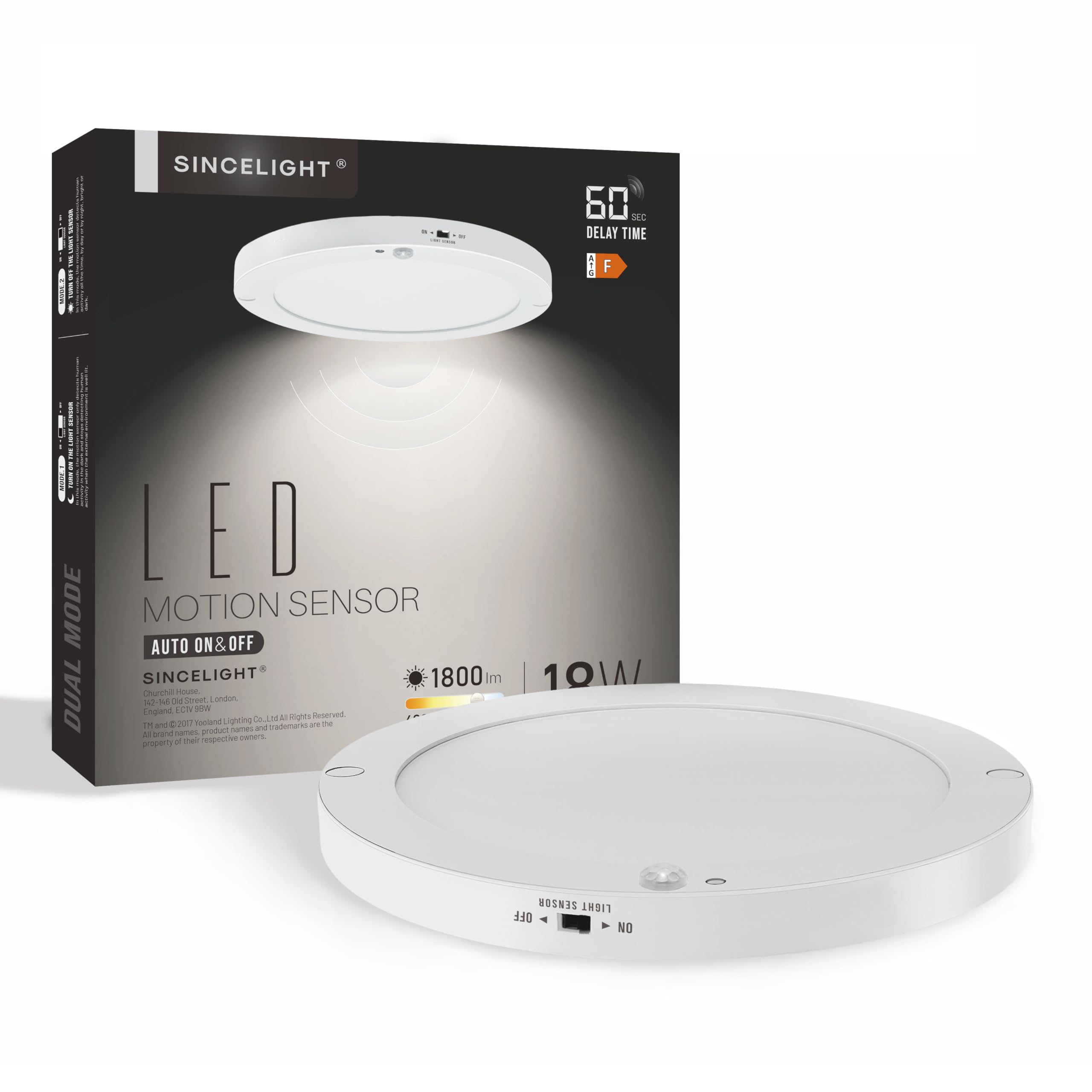 SINCELIGHT PIR Motion Sensor 18W LED Ceiling Light (Φ9''/220mm), Automatically ON/Off, Movement Activated, Dual Mode Turnable, Cool White 6000K, Surface/Flush Mount for Hallway,Porch, Pack of 1