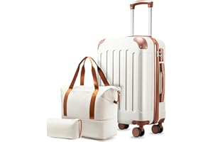 YOETEY Carry On Luggage 22x14x9 Airline Approved, Hardside Suitcase with Wheels, TSA Approved, Tote Bag, White Brown