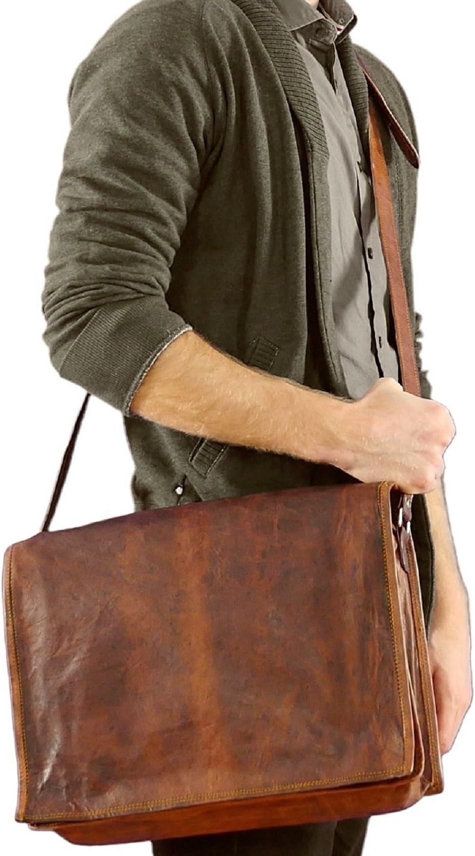 Urban Dezire Men's Leather Vintage Full Flap Messenger Laptop Satchel Briefcase Bag