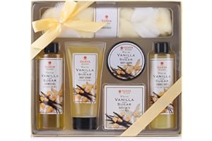 Guava River Vanilla Sugar Bath and Body Gift Set for Women. Home Spa set includes shower gel, bubble bath, body scrub, body lotion, bath salt and Loofa