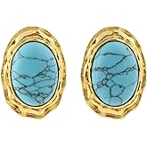 ORIGENCE Large Turquoise Earrings for Women 14K Gold Plated Turquoise Stud Earrings Bohemian Western Jewelry Chunky Gold Vintage Teal Gemstone Earring Trendy Oval Retro Jewelry Gift