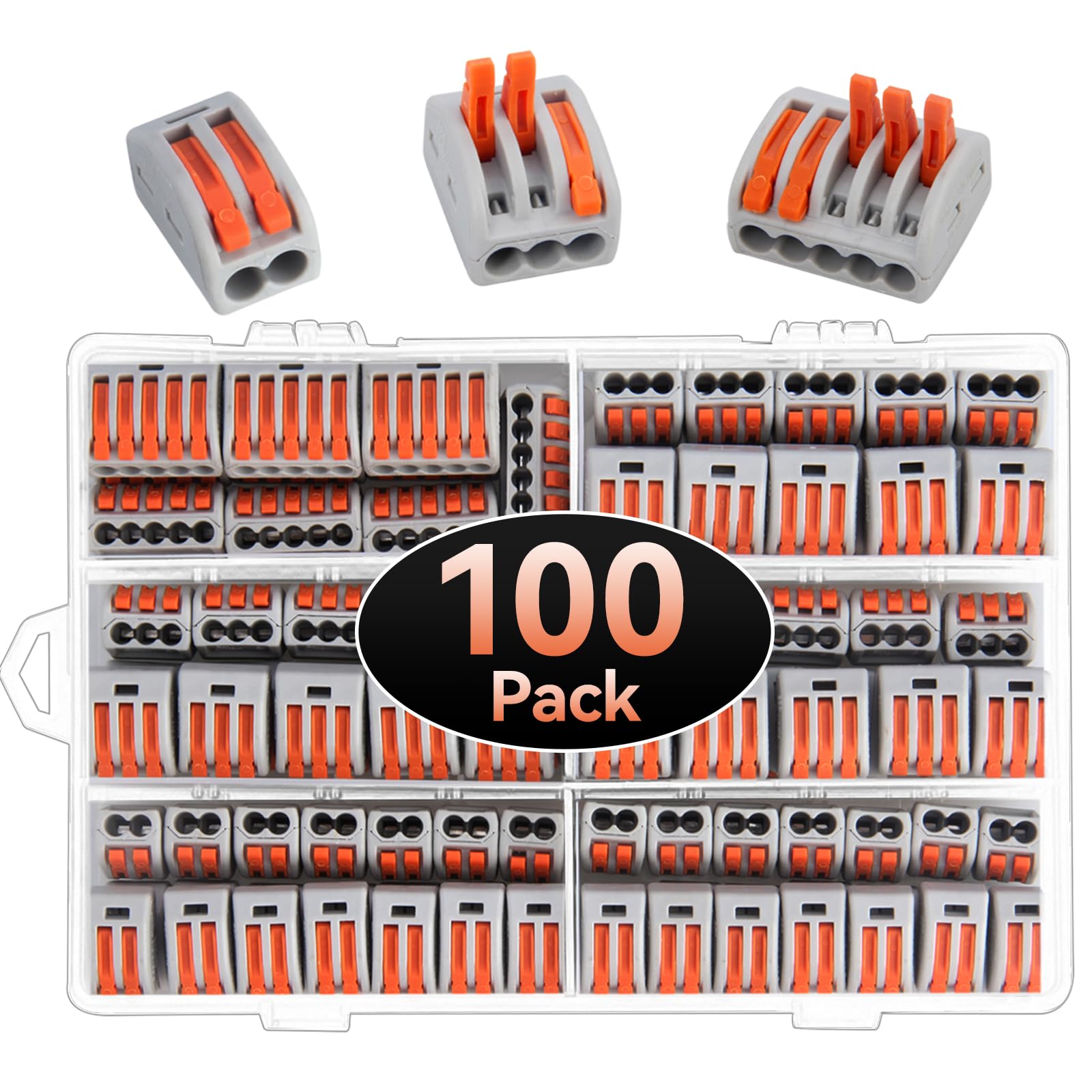 Compact Wire Connectors, Preciva 100pcs Splicing Connector, Lever Nut Assortment Conductor, Electrical Cable Blocks with 50pcs Clamps for 3-Port, 40pcs for 2-Port, 10pcs for 5-Port