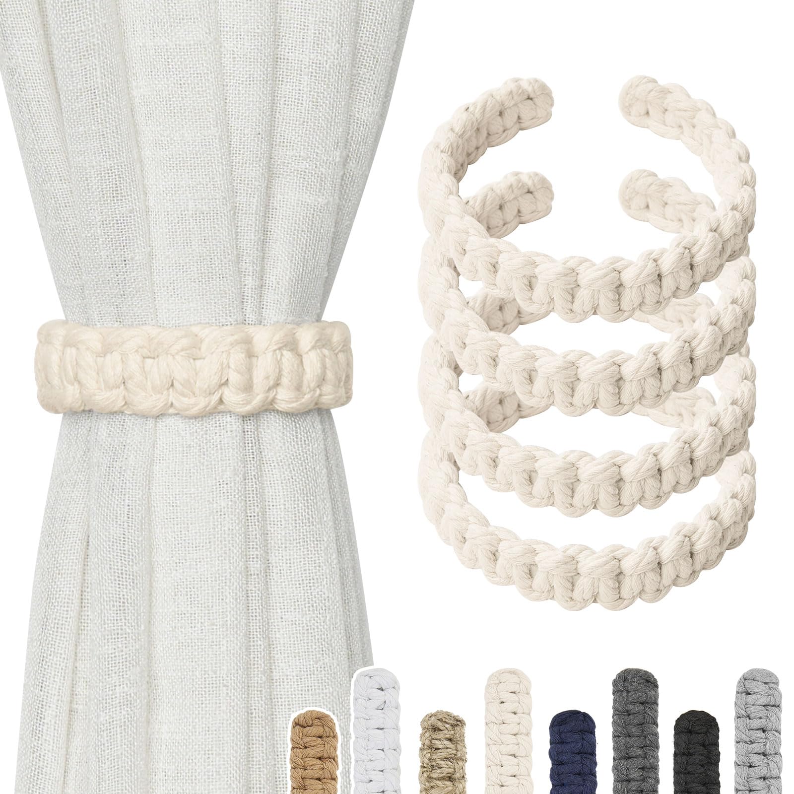 Pretty Jolly 4 Pack Natural Cotton Rope Curtain Tiebacks Farmhouse Rustic Style Decorative Drape Tie Backs Handmade Braided Curtain Holdbacks for Home Sheer/Light Weight Drapery (C-Beige-S)