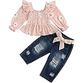 Gaono Toddler Baby Girl Clothes Daisy Flower Long Sleeve Smocked Tops Ripped Jean Pants Set Denim Fall Winter Outfit
