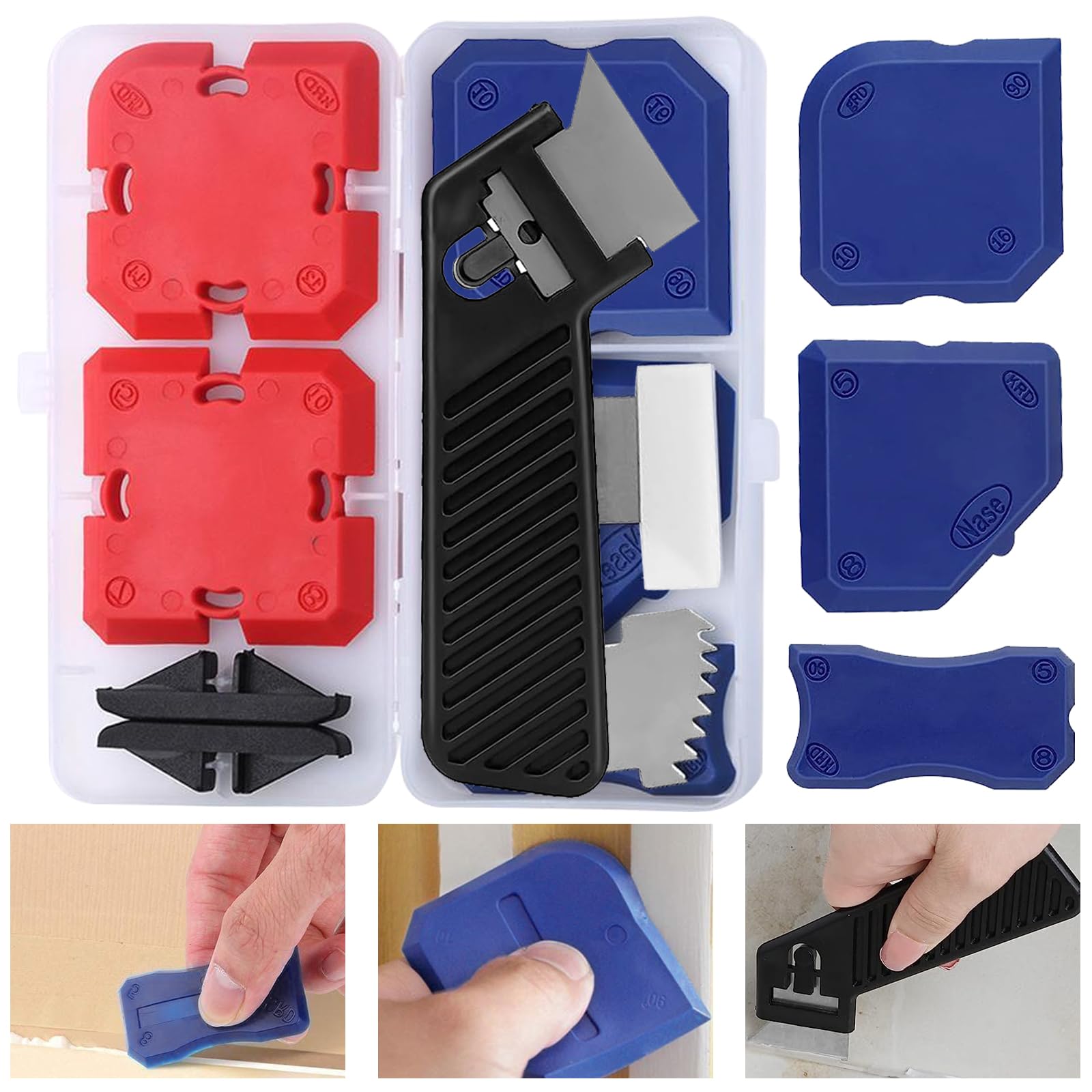 YOYIAG Portable Silicone Caulking Tool Kit: 11-Piece Sealant Finishing Tools with Storage Box, Multifunction Silicone Caulking Tool for Tile, Bathroom, Floor in Light Gray