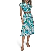 Calvin Klein Womens Cap Sleeve V-Neck Belted Midi Cotton A-line Dress