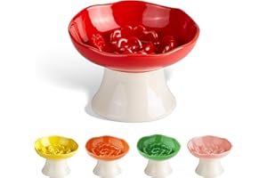TRUNDISAN Ceramic Slow Feeder Bowl for Cats and Small Dogs, Elevated Tilted Pet Food Dish, Whisker Friendly Anti-Vomit Design, Heavy Stable Base, Dishwasher Safe， 5 Colors Options (Ruby Red)