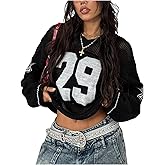 QJQ Women's Oversized Jersey Shirts Long Sleeve V Neck Crochet Knit Sweater Tops Hollow Out Graphic Pullover