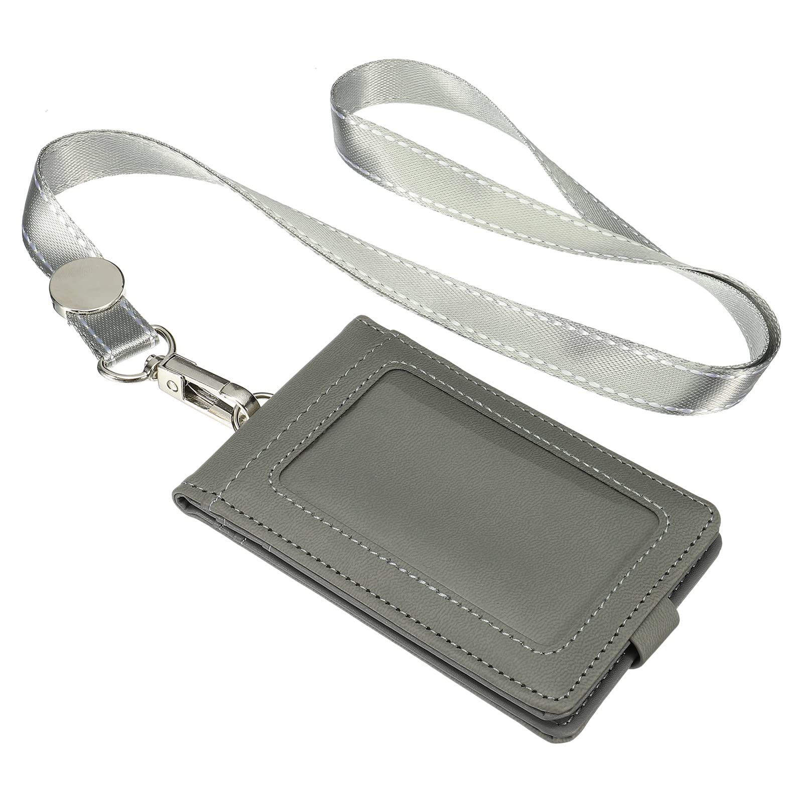 PATIKIL PU Leather ID Badge Holder with Detachable Neck Lanyard Set, Folded Credit Holder with 1 Clear Window 4 Card Slot for Offices, Gray