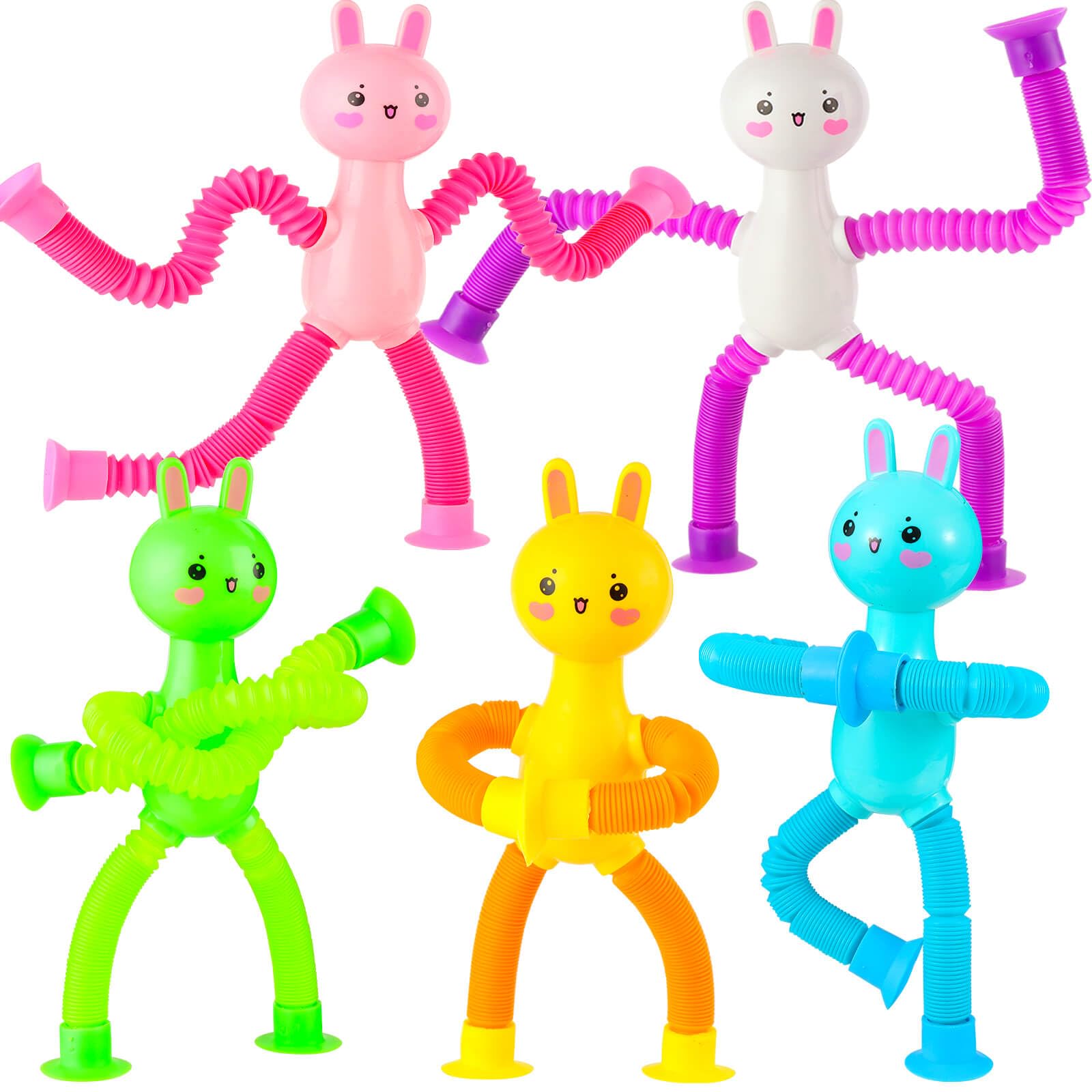 Kabvry 5 Pack Easter Bunny Pop Tubes Fidget Toys - Suction Cup Sensory Toys for Toddlers, Easter Basket Stuffers & Egg Fillers, Fun Easter Gifts for Kids Boys Girls