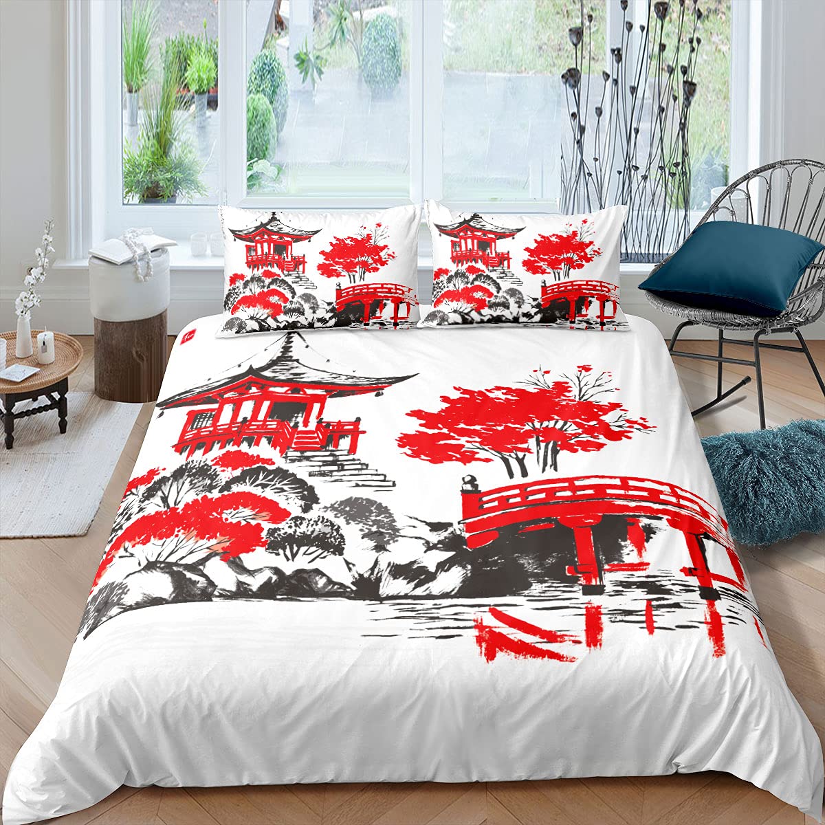Chinese Ink Painting Pattern Duvet Cover Set Watercolor Gazebo River Bridge Bedding Set Single For Girls Men Landscape Beds Set White Black Red Decor